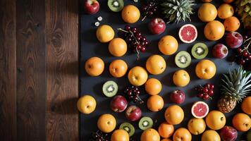fruit on a brown table, design background object on the table, random fruit frame border photo