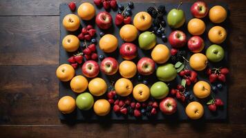 fruit on a brown table, design background object on the table, random fruit frame border photo
