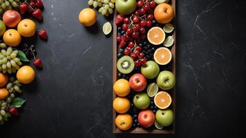 fruit on a black table, design background object on the table, random fruit frame border photo