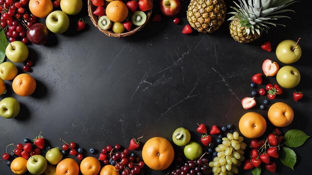 Fruta en un negro mesa, diseño antecedentes objeto en el mesa, aleatorio Fruta marco frontera foto