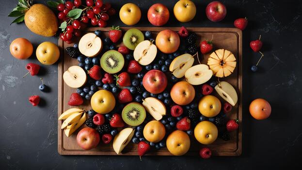 Fruta en un negro mesa, diseño antecedentes objeto en el mesa, aleatorio Fruta marco frontera foto