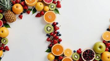 fruit on a white table, design background object on the table, random fruit frame border photo