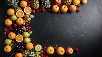fruit on a black table, design background object on the table, random fruit frame border photo