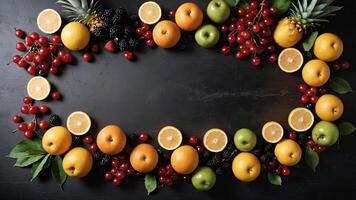 fruit on a black table, design background object on the table, random fruit frame border photo
