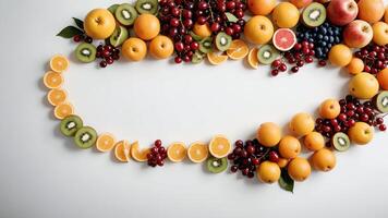 fruit on a white table, design background object on the table, random fruit frame border photo