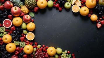 fruit on a black table, design background object on the table, random fruit frame border photo