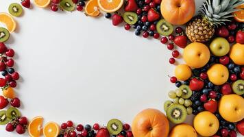 fruit on a white table, design background object on the table, random fruit frame border photo