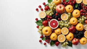 fruit on a white table, design background object on the table, random fruit frame border photo