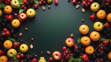 fruit on a black table, design background object on the table, random fruit frame border photo