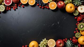 fruit on a black table, design background object on the table, random fruit frame border photo