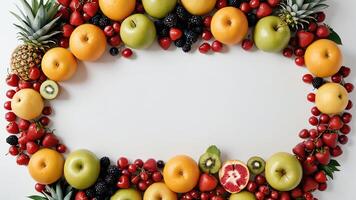 fruit on a white table, design background object on the table, random fruit frame border photo