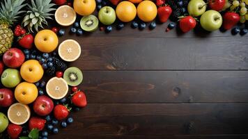 fruit on a brown table, design background object on the table, random fruit frame border photo