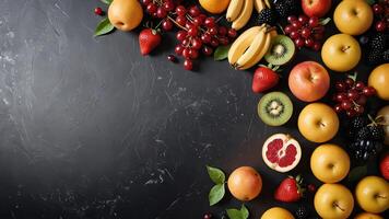 fruit on a black table, design background object on the table, random fruit frame border photo