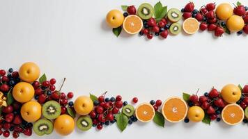 fruit on a white table, design background object on the table, random fruit frame border photo