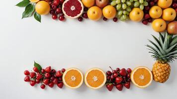 fruit on a white table, design background object on the table, random fruit frame border photo