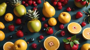 fruit on a blue table, design background object on the table, random fruit frame border photo