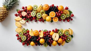 fruit on a white table, design background object on the table, random fruit frame border photo