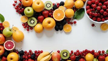 fruit on a white table, design background object on the table, random fruit frame border photo