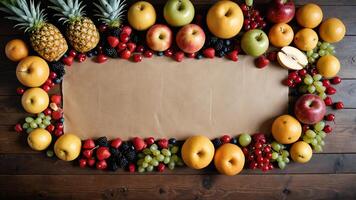 fruit on a brown table, design background object on the table, random fruit frame border photo