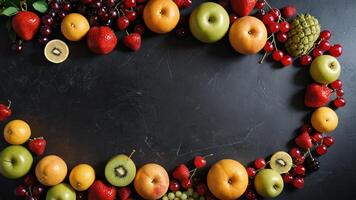 fruit on a black table, design background object on the table, random fruit frame border photo