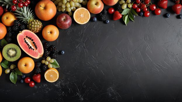 fruit on a black table, design background object on the table, random fruit frame border photo