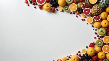 fruit on a white table, design background object on the table, random fruit frame border photo