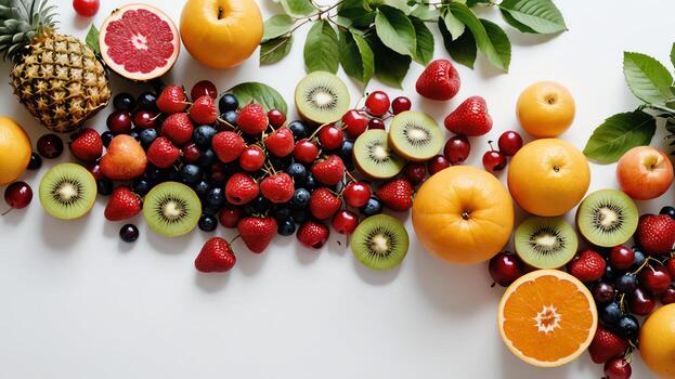 Fruta en un blanco mesa, diseño antecedentes objeto en el mesa, aleatorio Fruta marco frontera foto