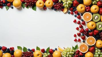 fruit on a white table, design background object on the table, random fruit frame border photo