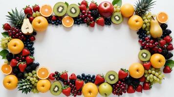 fruit on a white table, design background object on the table, random fruit frame border photo