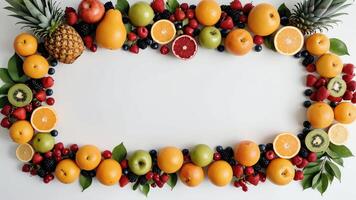 fruit on a white table, design background object on the table, random fruit frame border photo