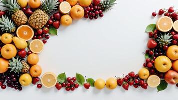 fruit on a white table, design background object on the table, random fruit frame border photo