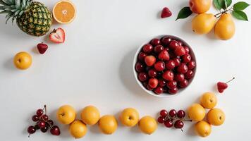 fruit on a white table, design background object on the table, random fruit frame border photo