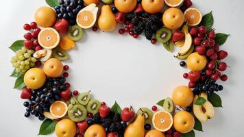 fruit on a white table, design background object on the table, random fruit frame border photo
