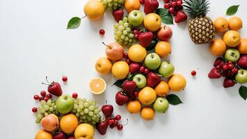 fruit on a white table, design background object on the table, random fruit frame border photo