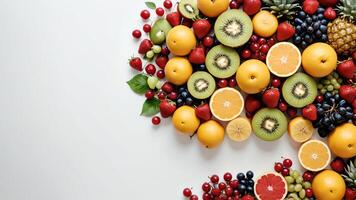 fruit on a white table, design background object on the table, random fruit frame border photo