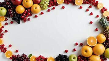 fruit on a white table, design background object on the table, random fruit frame border photo