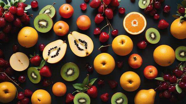 fruit on a black table, design background object on the table, random fruit frame border photo