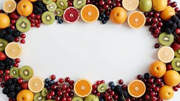 fruit on a white table, design background object on the table, random fruit frame border photo