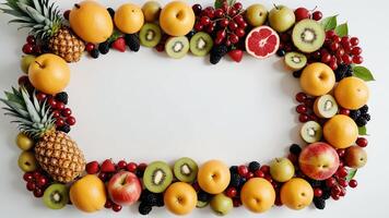 fruit on a white table, design background object on the table, random fruit frame border photo
