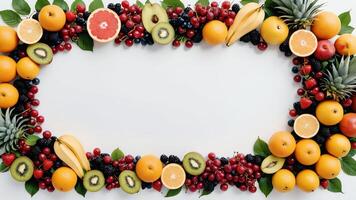 fruit on a white table, design background object on the table, random fruit frame border photo