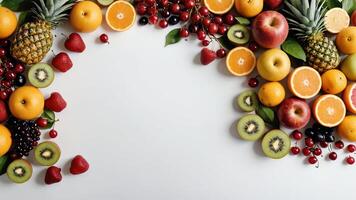 fruit on a white table, design background object on the table, random fruit frame border photo