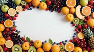 fruit on a white table, design background object on the table, random fruit frame border photo