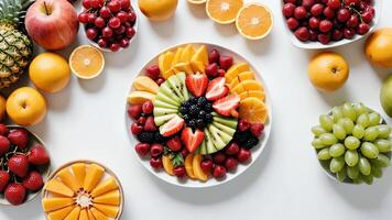 fruit on a white table, design background object on the table, random fruit frame border photo