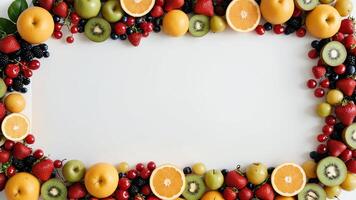 fruit on a white table, design background object on the table, random fruit frame border photo