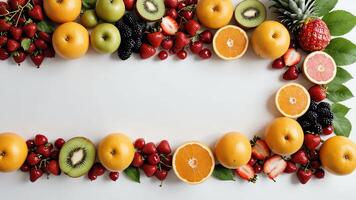 fruit on a white table, design background object on the table, random fruit frame border photo