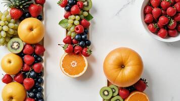 fruit on a white table, design background object on the table, random fruit frame border photo