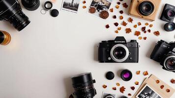 items on white table, background design random objects on table photo