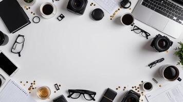 items on white table, background design random objects on table photo