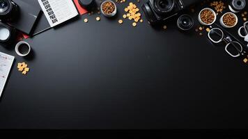 items on black table, background design of random objects on table photo
