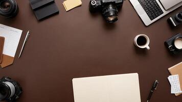 items on brown table, background design of random objects on table photo
